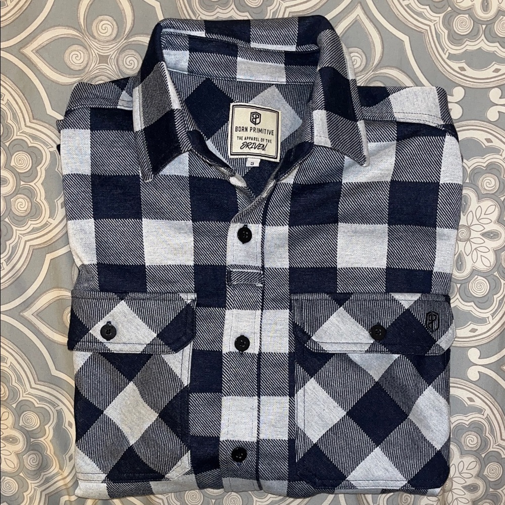 Born Primitive Woodsman Stretchy Flannel, blue and White Checkered